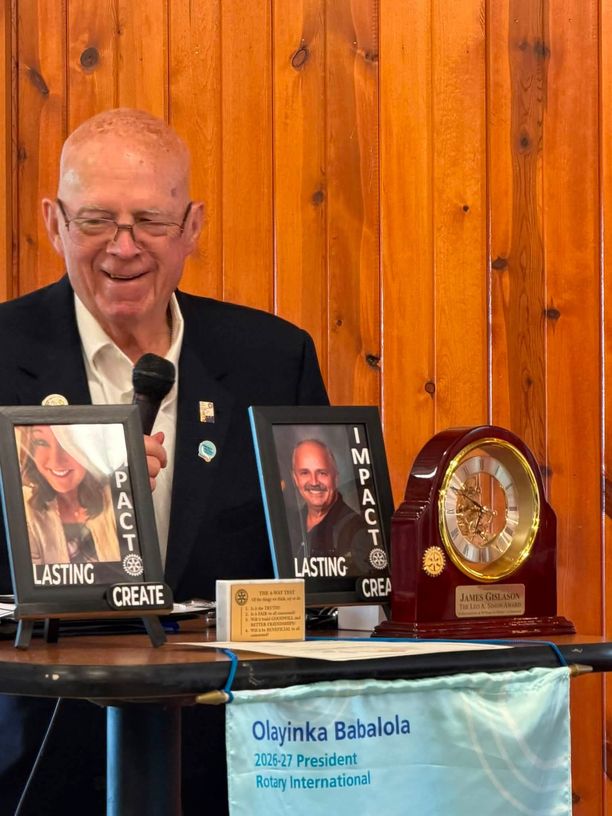 Vincennes Rotarian Jim Gislason Honored with Leo A. Simon Award for 50 Years of Perfect Attendance and Service