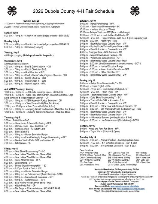 Dubois County 4-H Fair Schedule