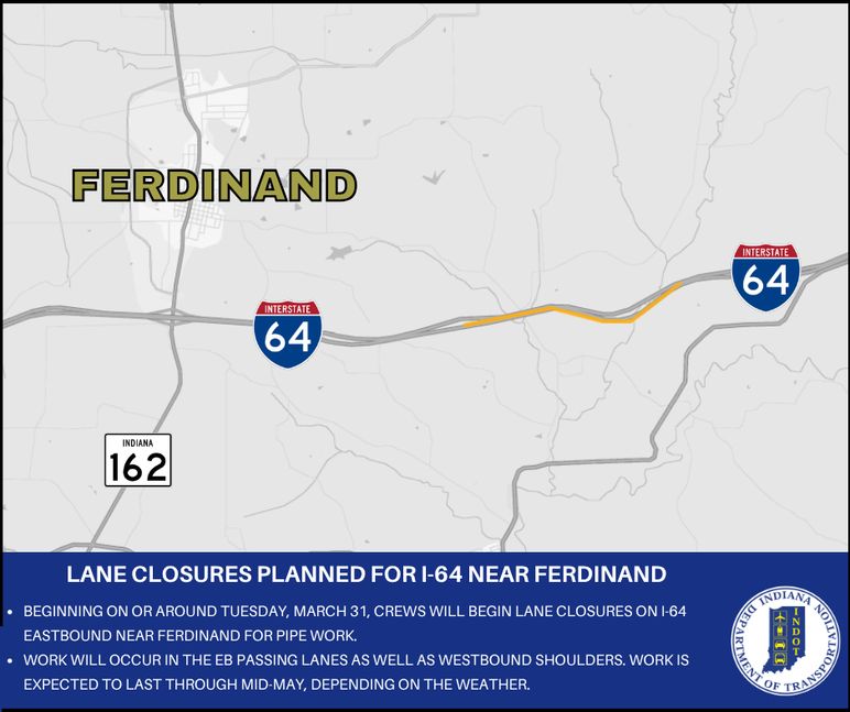 Lane closures planned for I-64 in Dubois, Spencer, and Perry Counties