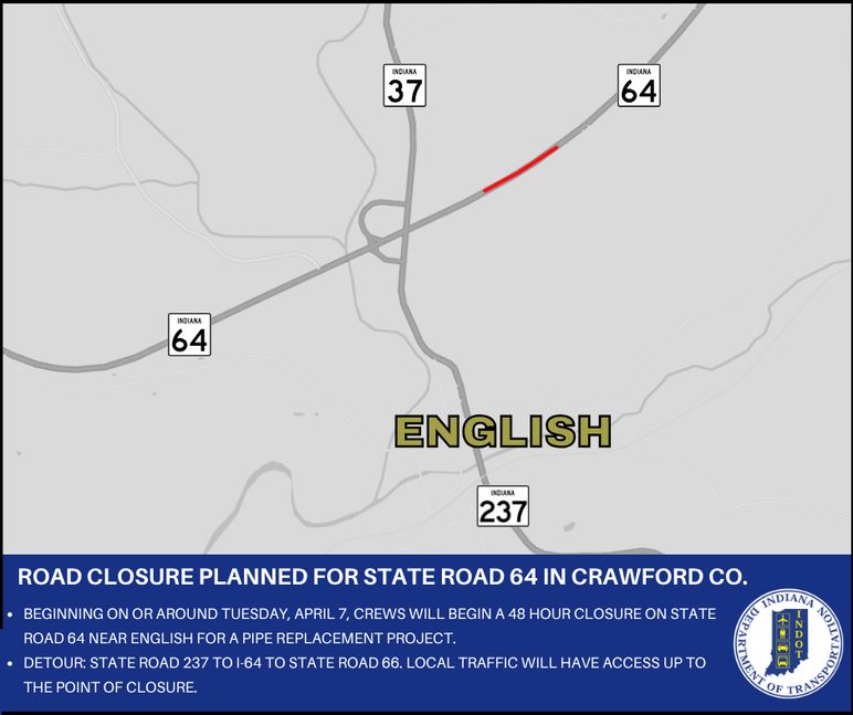 Road closure planned for State Road 64 in Crawford County