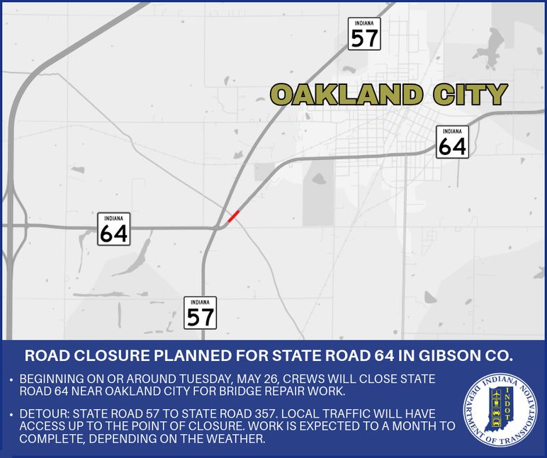 Road closure planned for State Road 64 in Gibson County