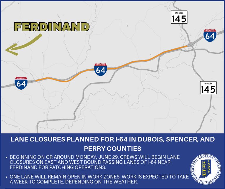 Lane closures planned for I-64 in Dubois, Spencer, and Perry Counties