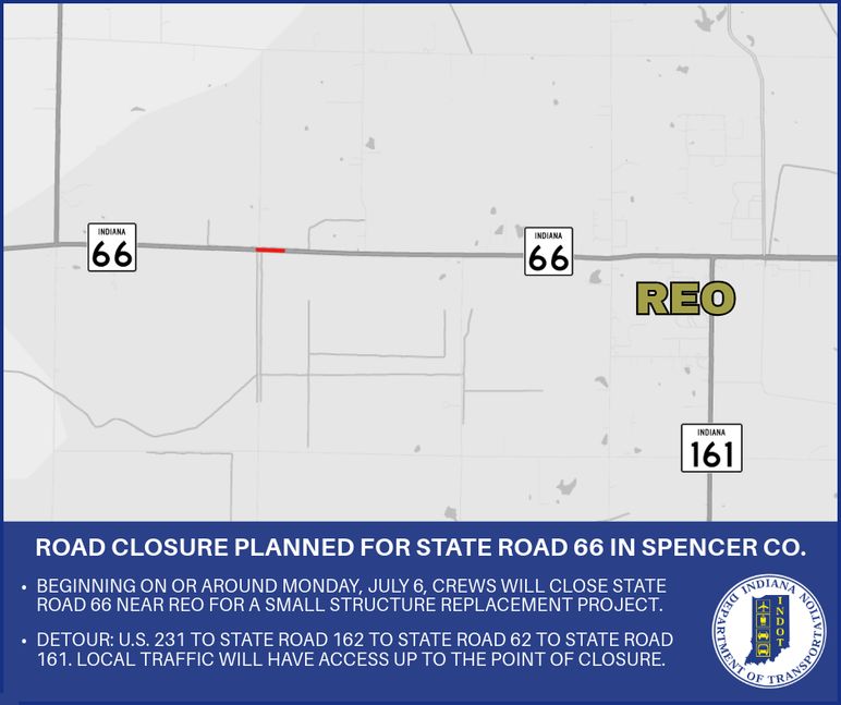 Road closure planned for State Road 66 in Spencer County