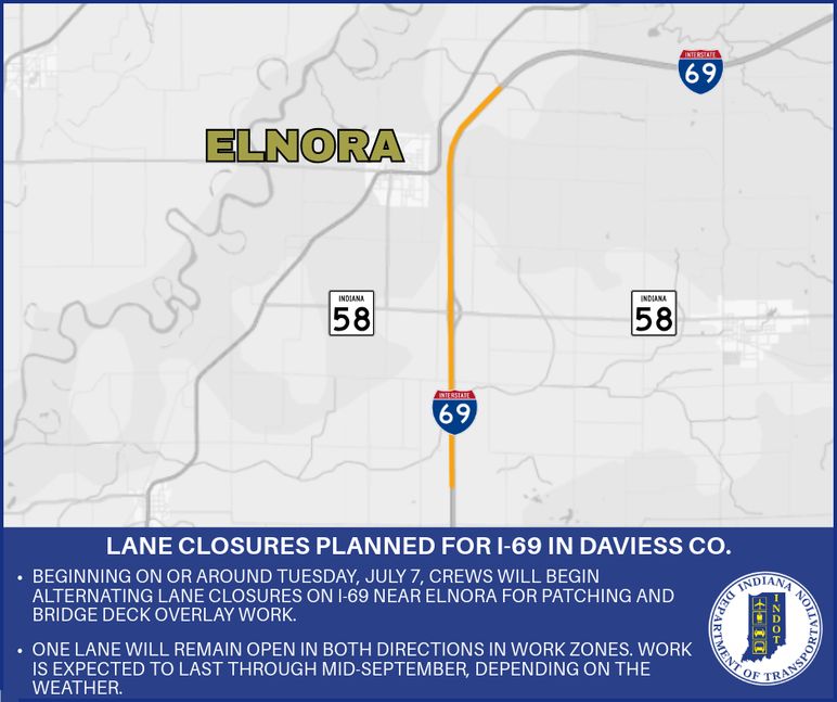 Lane closures planned for I-69 in Daviess County