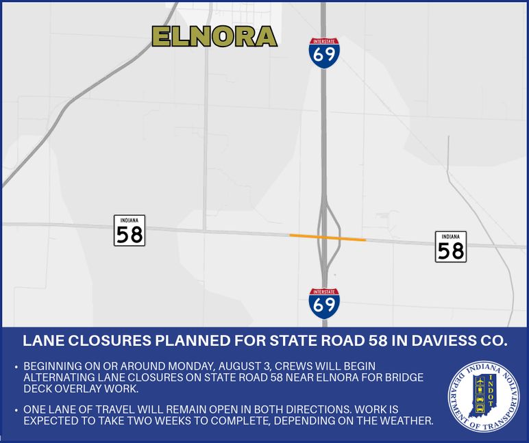 Lane closures planned for State Road 58 in Daviess County