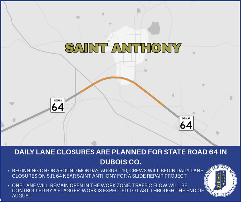 Daily lane closures planned for State Road 64 in Dubois County