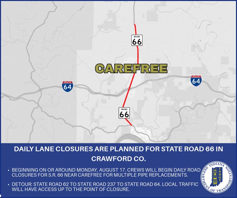 Daily road closures planned for State Road 66 in Crawford County