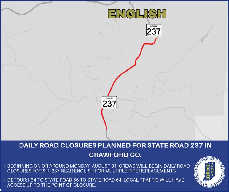 Daily road closures planned for State Road 237 in Crawford County