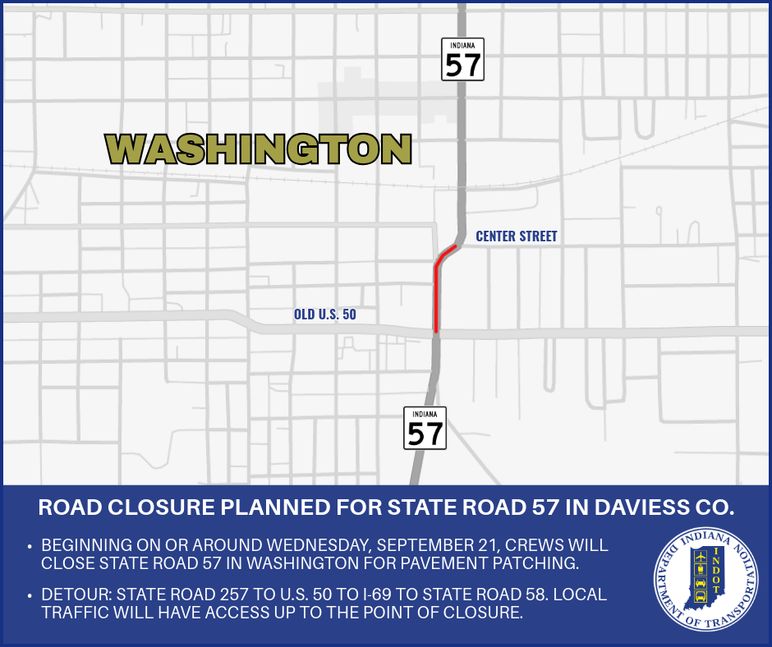 Road closure planned for State Road 57 in Daviess County