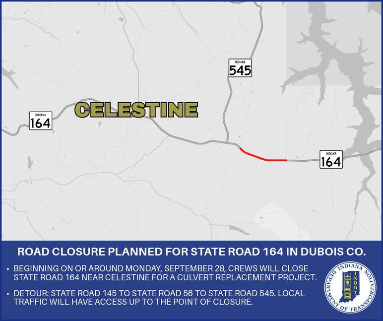 Road closure planned for State Road 164 in Dubois County
