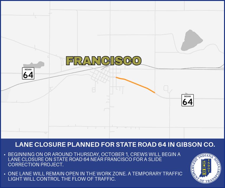 Lane closure planned for State Road 64 in Gibson County