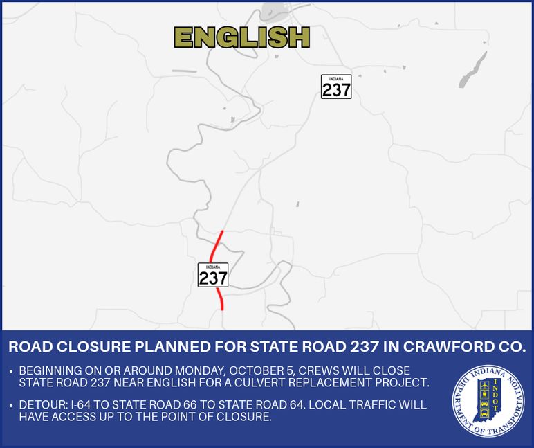 Road closure planned for State Road 237 in Crawford County