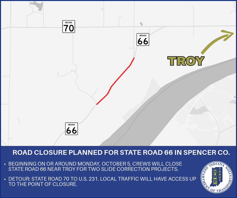Road closure planned for State Road 66 in Spencer County