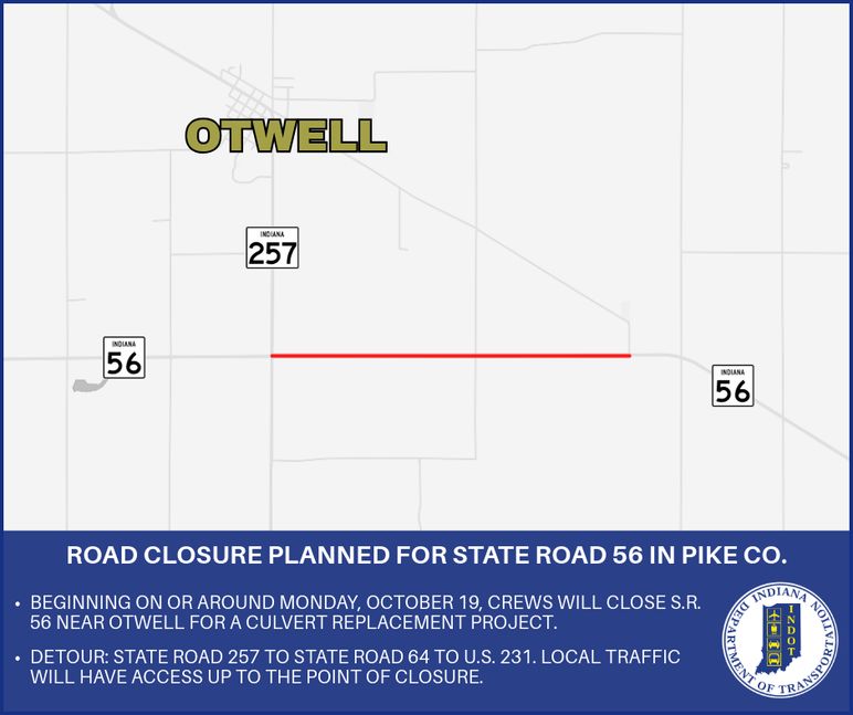 Road closure planned for State Road 56 in Pike County