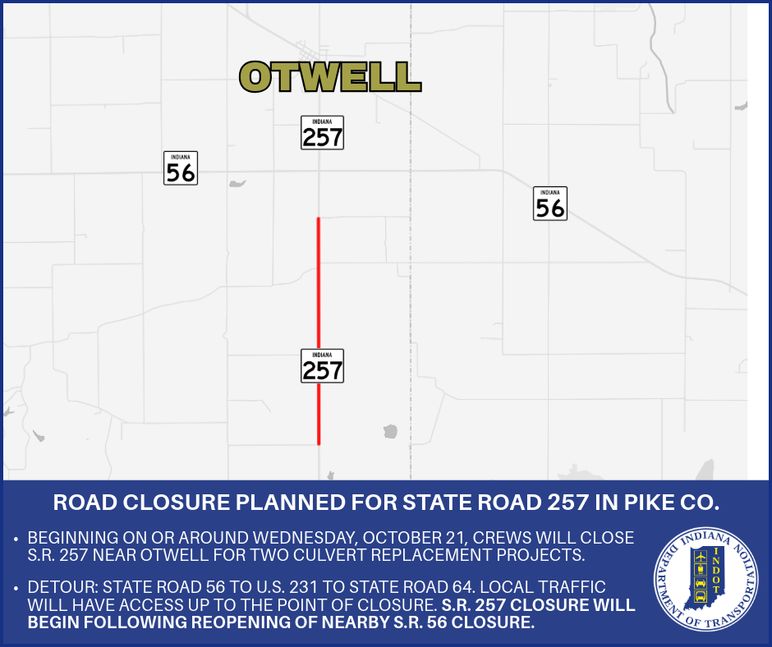 Road closure planned for State Road 257 in Pike County
