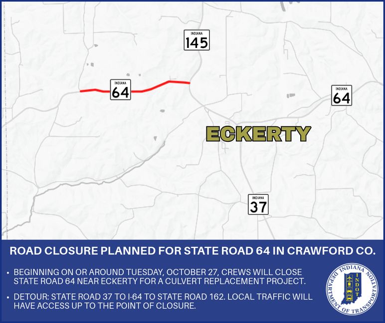 Road closure planned for State Road 64 in Crawford County