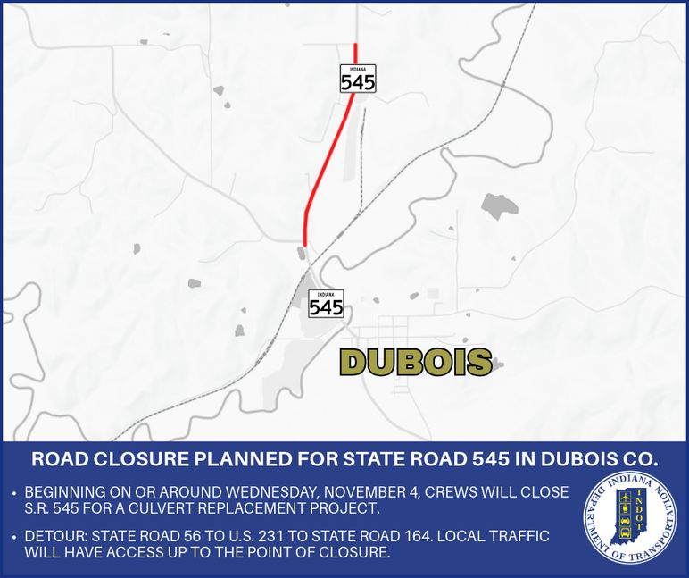Road closure planned for State Road 545 in Dubois County