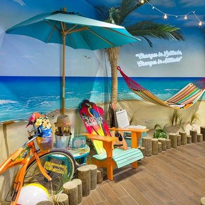 A room that is stylized as a beach