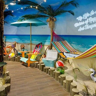 A room that is stylized as a beach