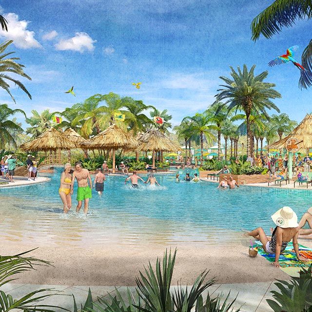 watercolor rendering of a couple enjoying the many beach-inspired amenities, beach access and tiki hut cabana around the community swimming pool