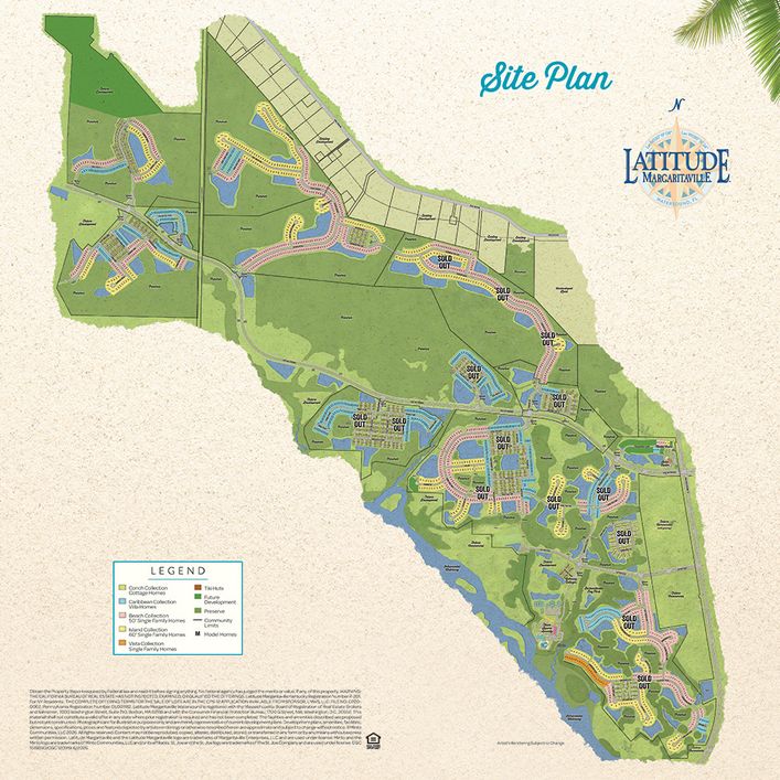 Latitude Margaritaville Watersound overall community siteplan displaying lakes, ponds and newly released area for new home development.