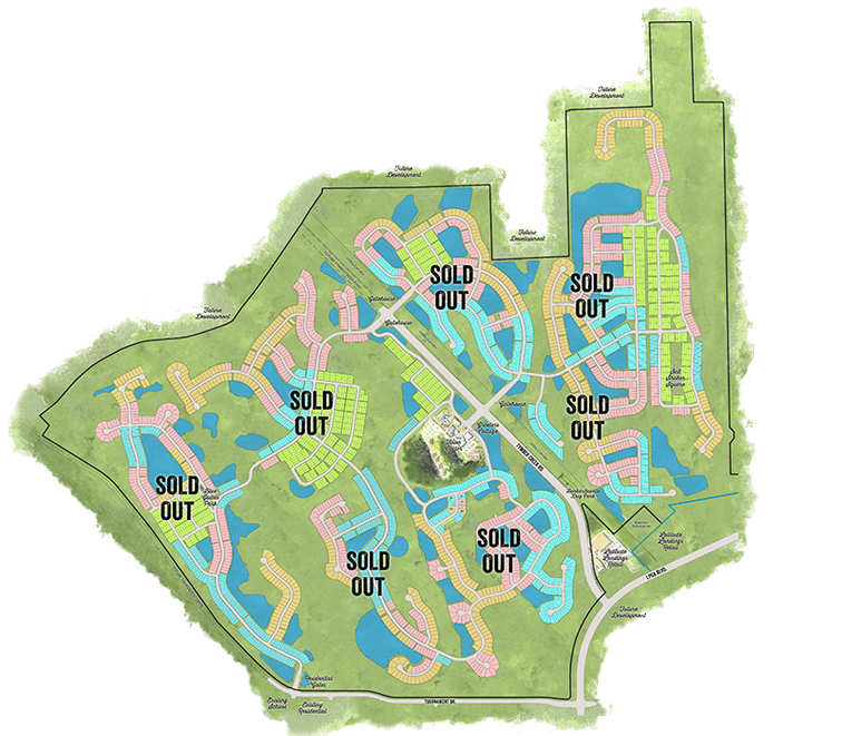 Latitude Margaritaville current homesite release displaying arieal view of property lakes, ponds and newly released area for new home development.