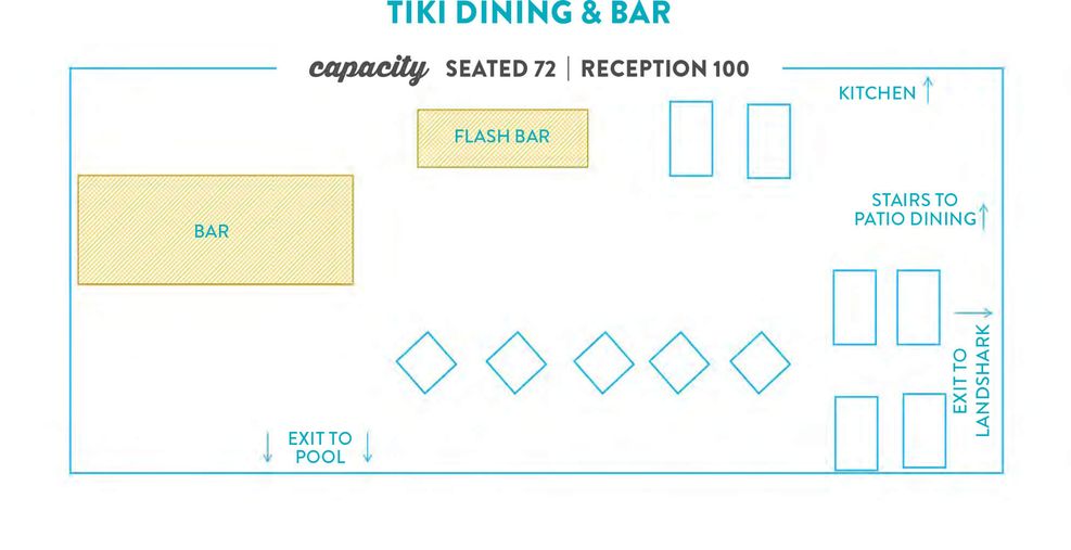 A image with Tiki Dining and Bar floor plan. Visually impaired customers please call for assistance.