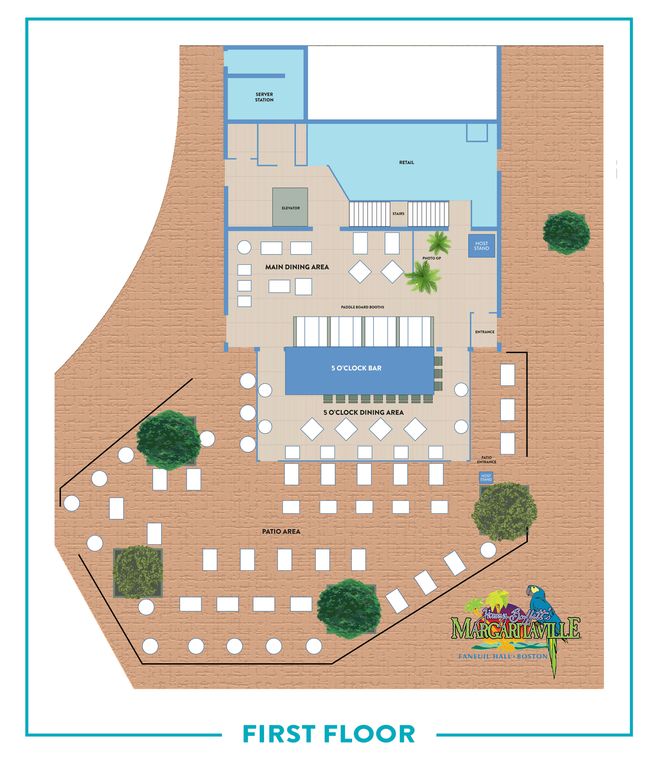 Overhead view of layout with 5 o'Clock bar, patio and main dining areaa