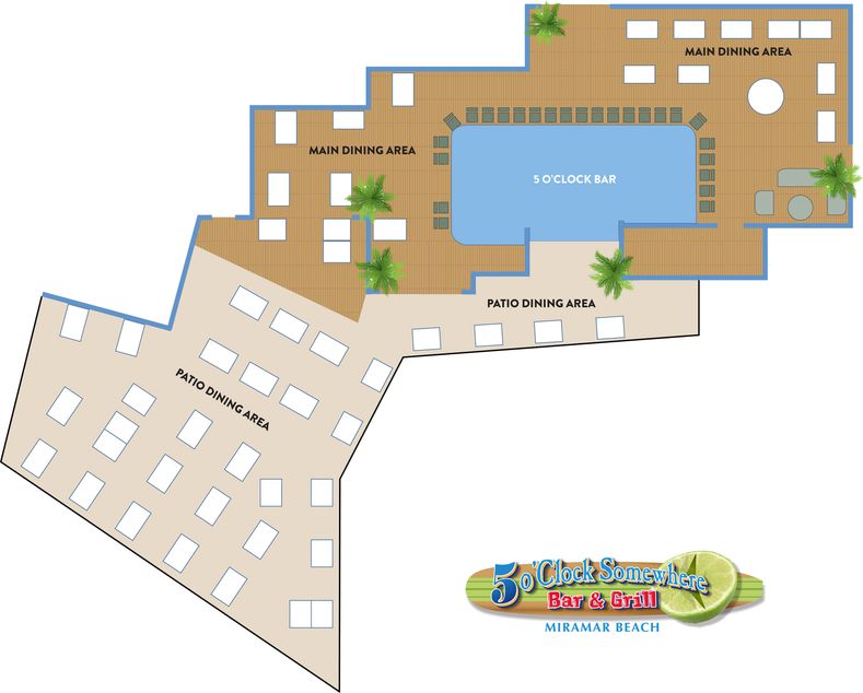 Floor plan outlining the 5 o'Clock Bar, Patio Dining Area and Main Dining Area