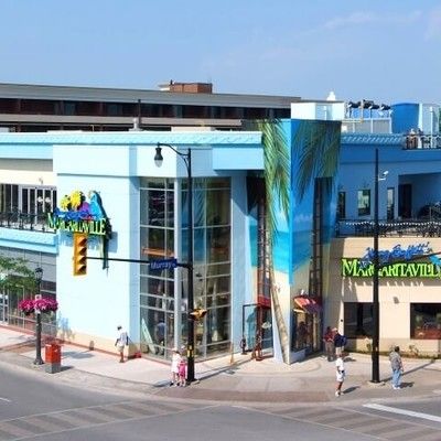 Exterior street view of the colorful Margaritaville restaurant building