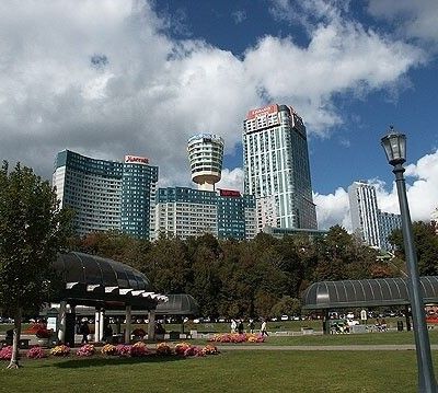 Scenic view of Niagara Falls skyline featuring hotels and Skylon Tower
