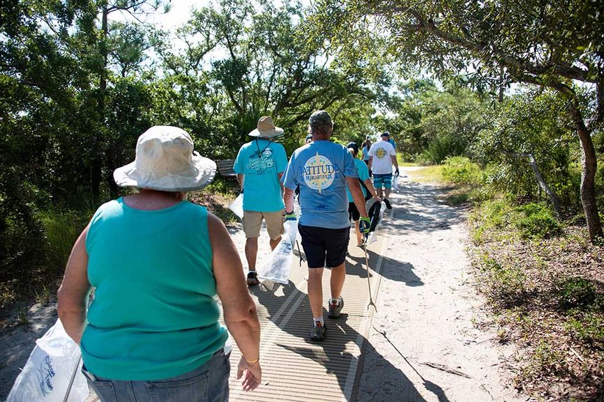 People walking on boardwalk with sand and various vegetation around them
