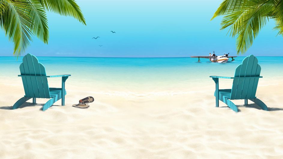 Illustrated tropical beach at sunset, with two palm trees framing calm turquoise water