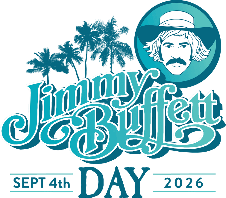 Jimmy Buffett Day logo has the date, Sept 4th 2026, his name, face, palm trees and small seagulls flying overhead all in different shades of blue