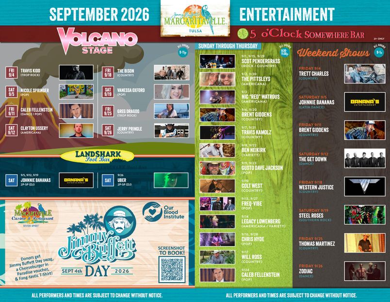Margaritaville Tulsa September 2026 Calendar of Events. Visually impaired customers please call for assistance or read next tab