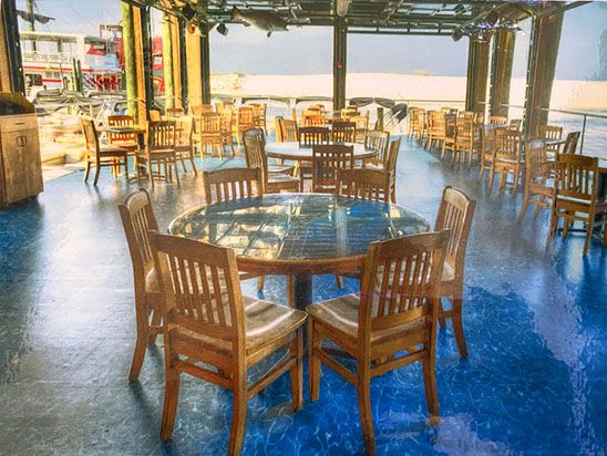 Restaurant interior with large windows