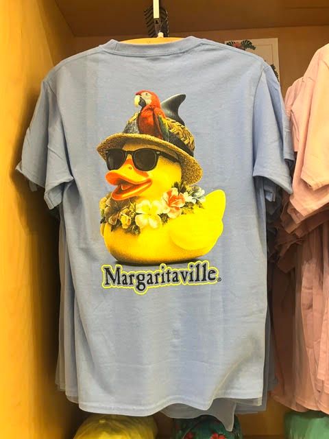 Light blue Margaritaville t-shirt featuring a rubber duck wearing sunglasses, a hat, and a lei with a parrot