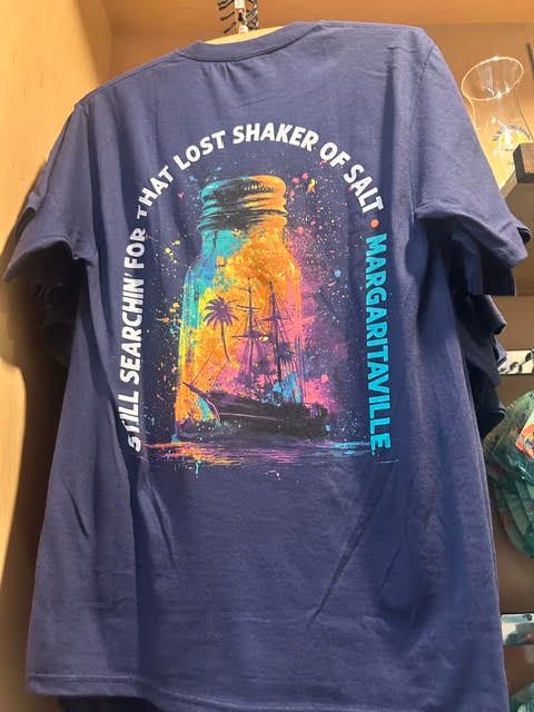 Purple Margaritaville t-shirt with a mason jar illustration reading 'Still Searchin' for That Lost Shaker of Salt'