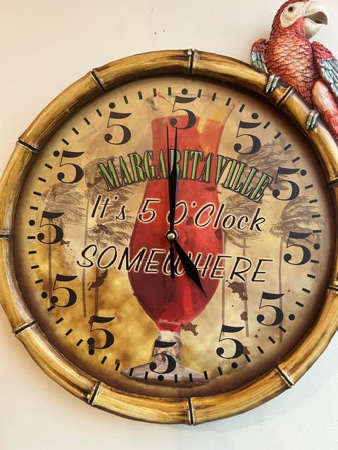 Bamboo wall clock with 'Margaritaville It's 5 O'Clock Somewhere' design and a parrot on top
