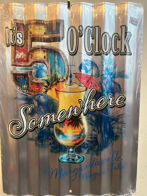 Corrugated metal wall art sign reading 'It's 5 O'Clock Somewhere Margaritaville' with a tropical drink illustration