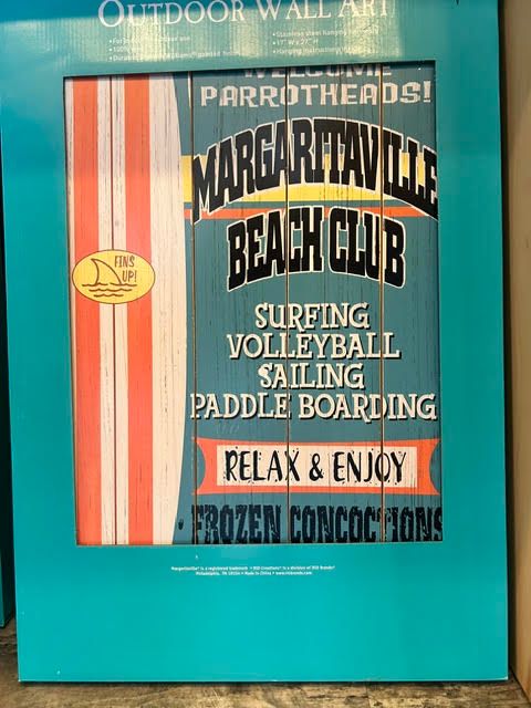 Framed Margaritaville Beach Club outdoor wall art sign in turquoise and red