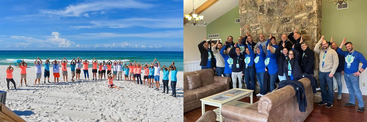 MLarge groups of people doing the Fins Up sign above their head 