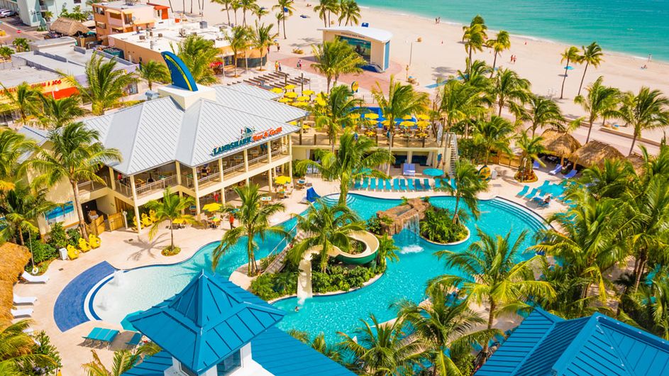 Margaritaville Hollywood Beach Resort overlooking the pool, ocean, and LandShark Bar and Grill