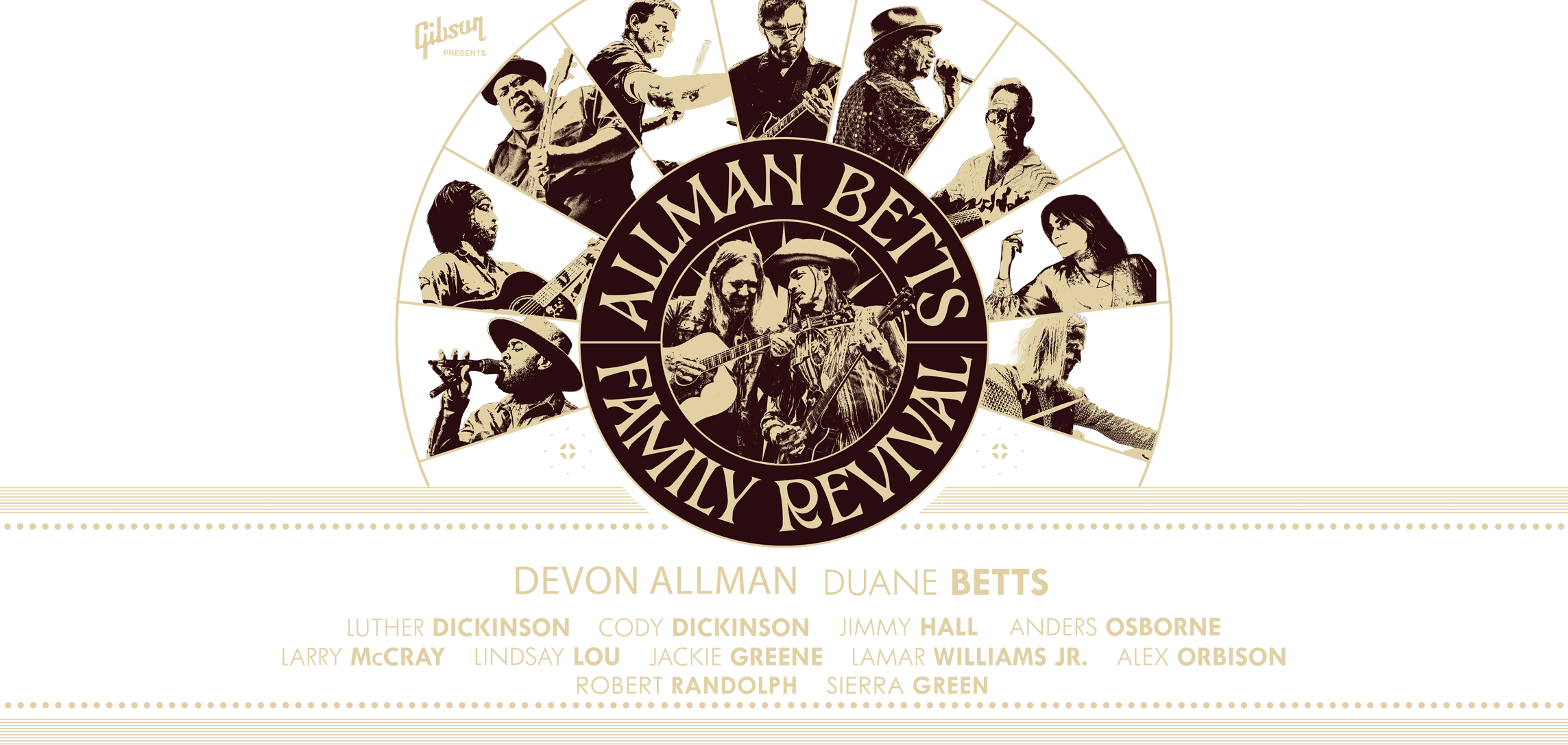 Gibson presents Allman Betts Family Revival American Tour 2024 starring Devon Allman, Duane Betts, Luther Dickinson, Cody Dickinson, Jimmy Hall, Anders Osborne, Larry McCray, Lindsay Lou, Jackie Greene, Lamar Williams Jr., Alex Orbison