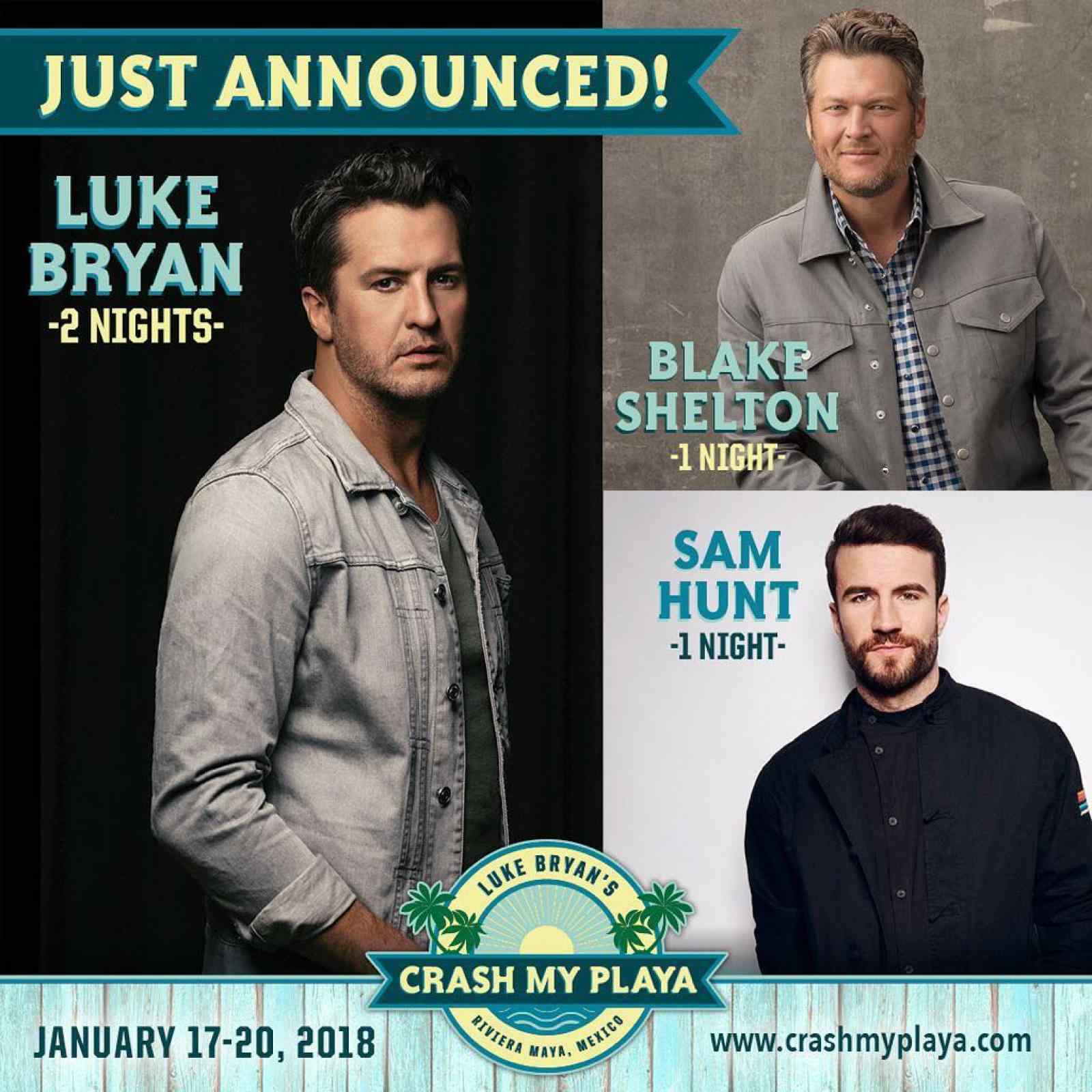 Luke Bryan's Crash My Playa Destination Event Welcomes Blake Shelton and Sam Hunt as Headliners January 17-20, 2018