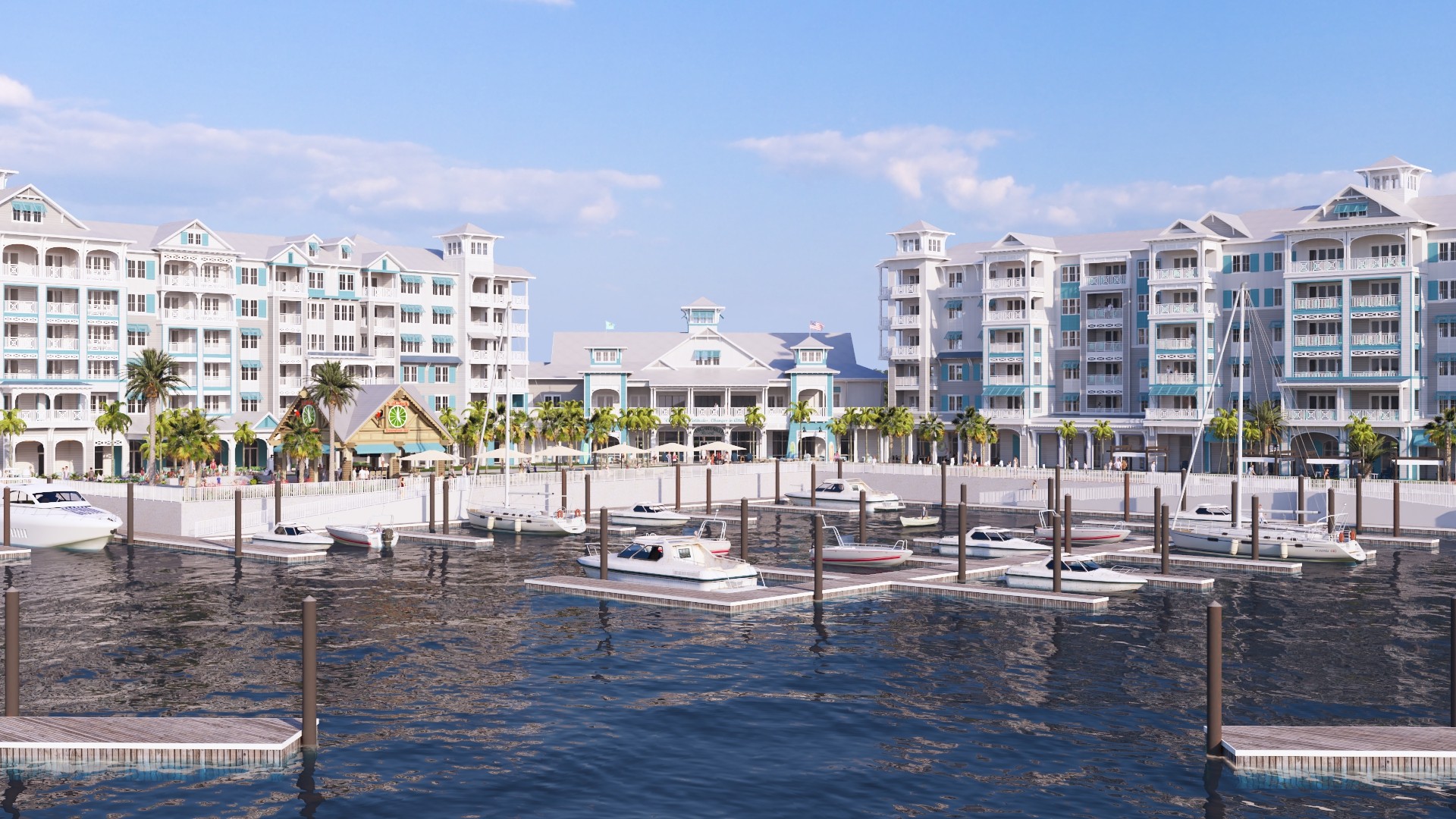 250426-MVOrangeBeachResort-Rendering-Aerial 2.jpg Resort overlooking marina with boats and palm trees