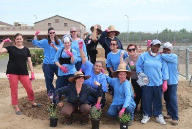 Beth Waitkus (center left) and participants working at an Insight Garden.
