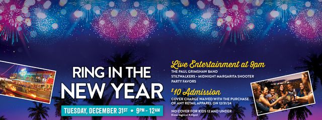 Ring in the new year on Tuesday December 31st from 9pm to 12am with live entertainment with the Paul Grimshaw Band, midnight margarita shooters and party favors!