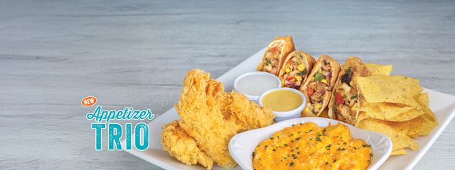 Appetizer Trio includes caribbean chicken egg rolls, chicken tenders and buffalo chicken dip served with tortilla chips