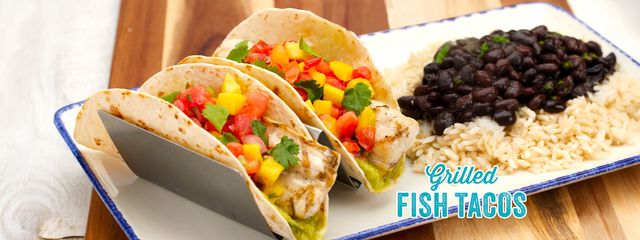 Grilled Fish Tacos with rice and beans